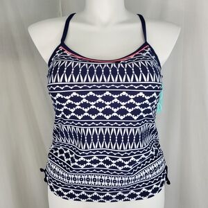 South Point Swim TANKINI TOP Womens Size 12 Navy Blue White Racerback Padded NWT